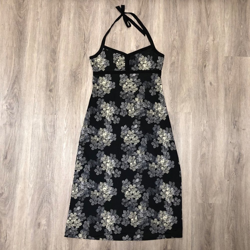 JCrew Women's Size 10 Midi Dress Halter Top Tie Asian Inspired Floral Black LBD